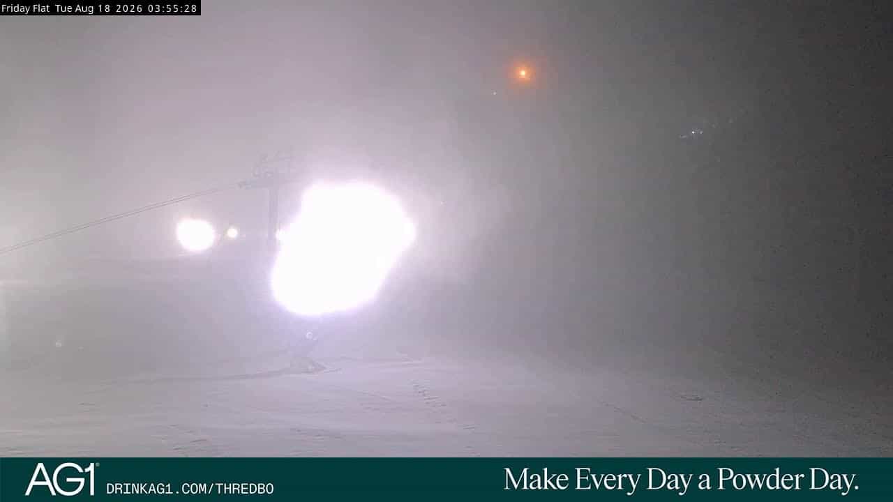 Thredbo Friday Flat Live webcam frame captured 18 August 2026 at 3:57 am AEST