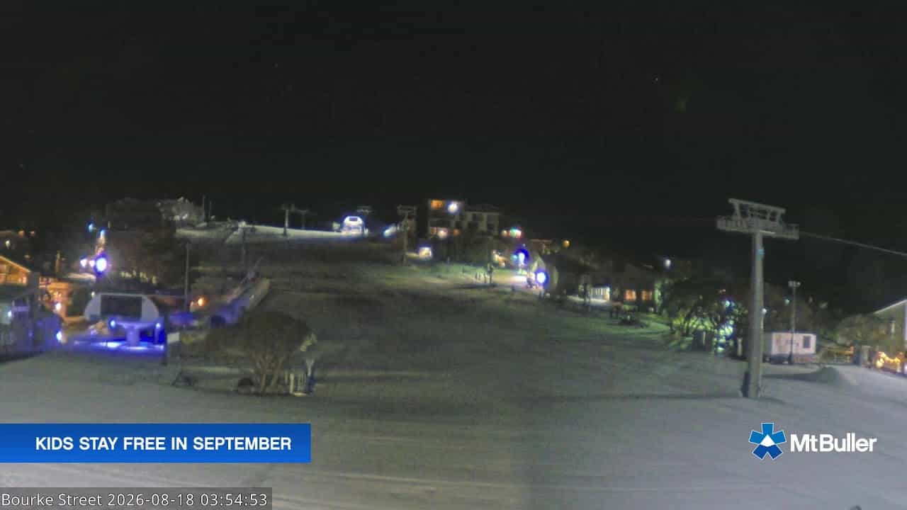 Mt Buller Bourke Street Live webcam frame captured 18 August 2026 at 3:55 am AEST