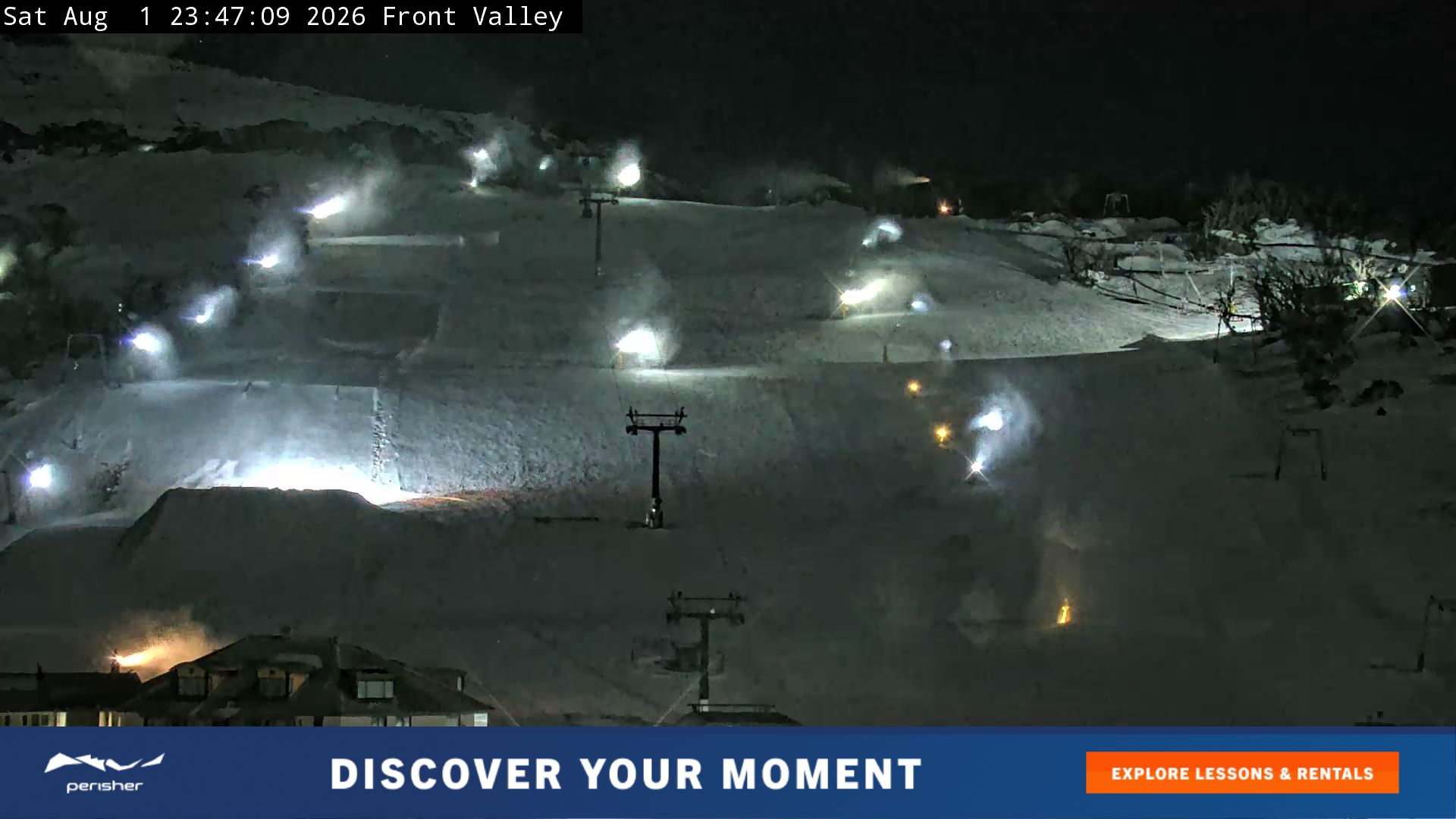 Perisher Front Valley snow cam captured at 1 August 2026 at 11:53 pm AEST