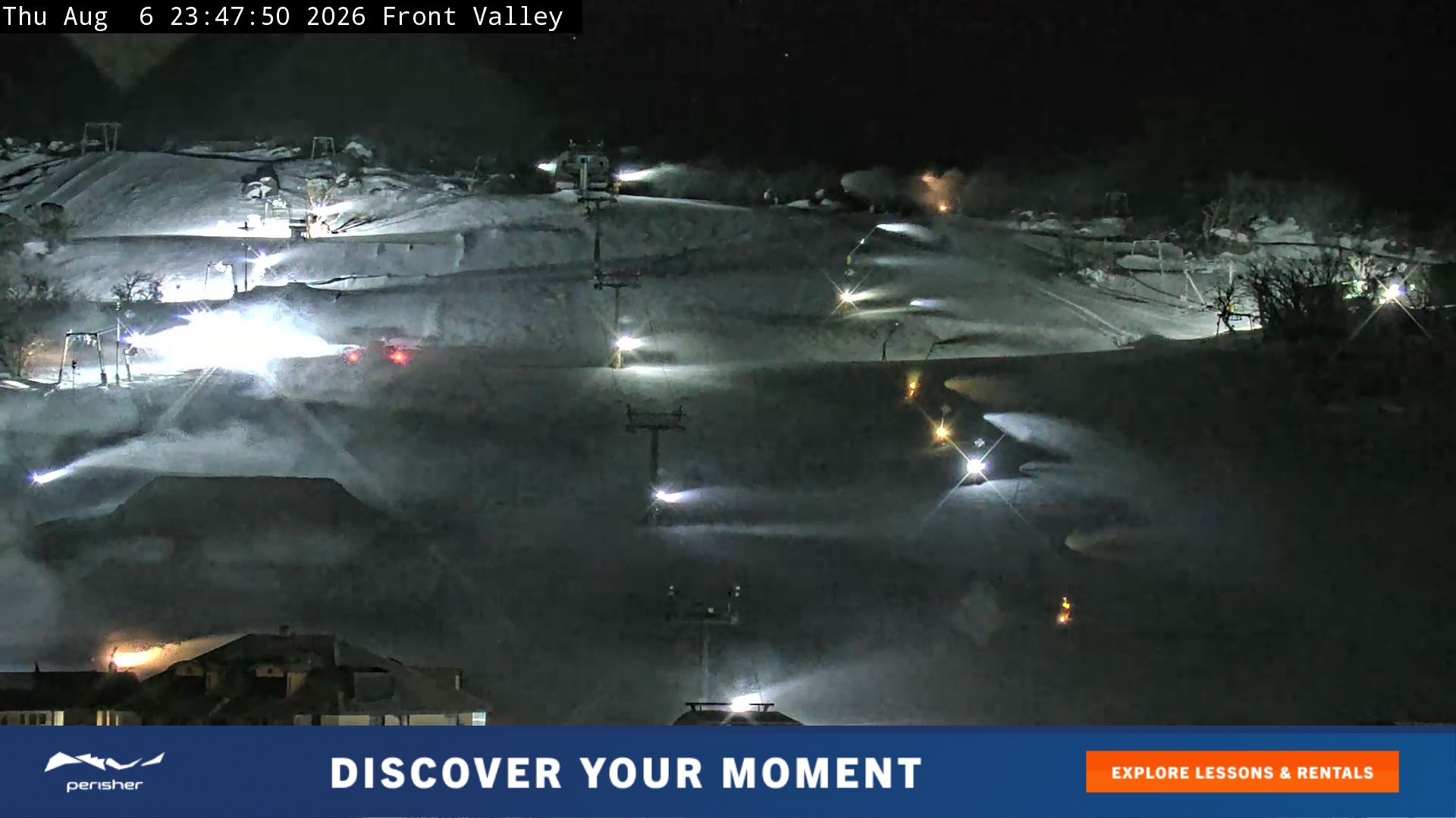 Perisher Front Valley snow cam captured at 6 August 2026 at 11:56 pm AEST