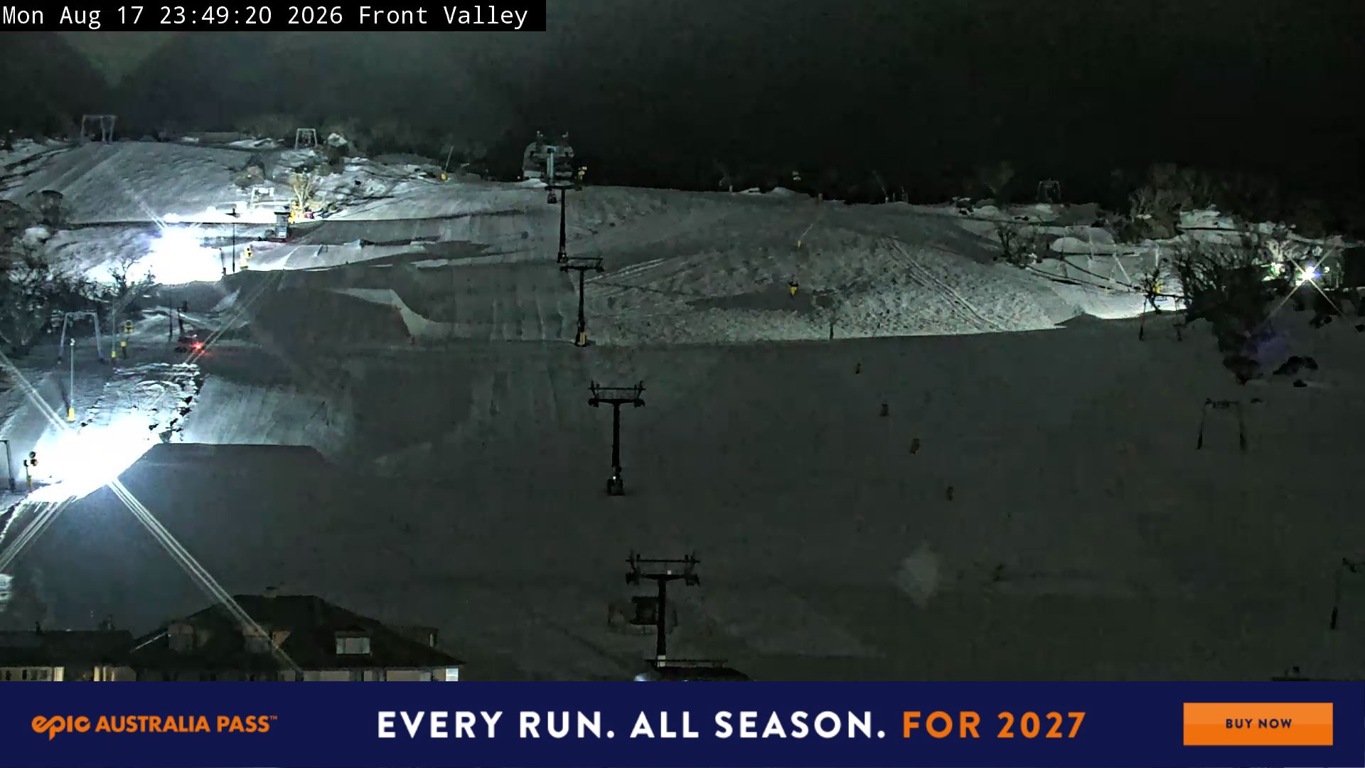 Perisher Front Valley snow cam captured at 17 August 2026 at 11:57 pm AEST