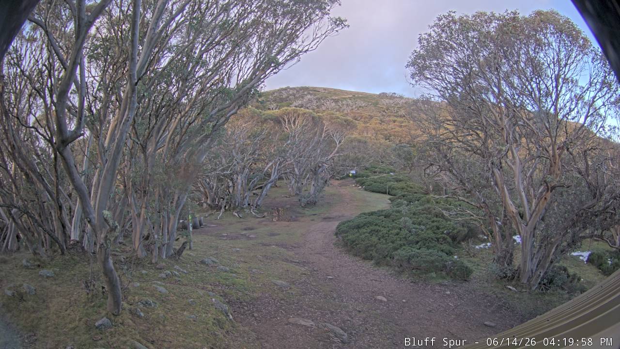 Mt Stirling Bluff Spur snow cam captured at 14 June 2026, 6:25 am