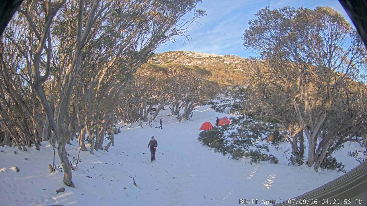 Mt Stirling Bluff Spur snow cam captured at 9 July 2026 at 4:39 pm AEST