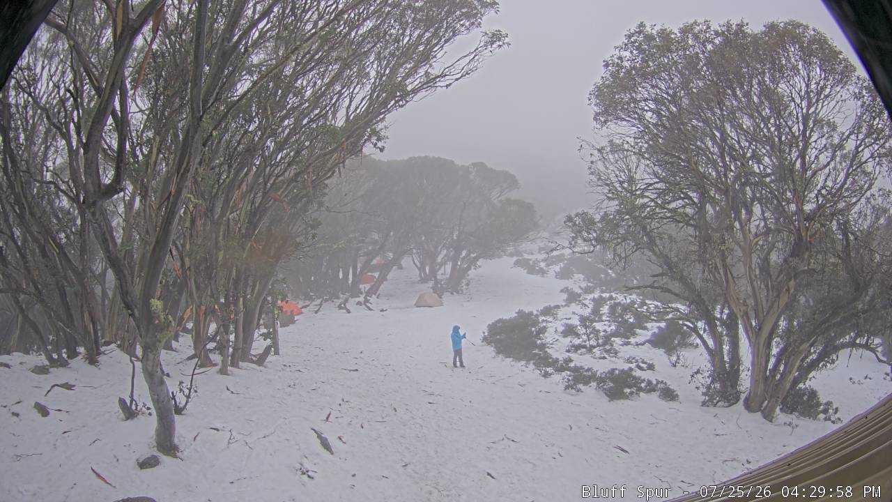 Mt Stirling Bluff Spur snow cam captured at 25 July 2026 at 4:35 pm AEST