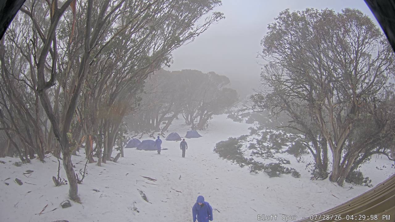 Mt Stirling Bluff Spur snow cam captured at 28 July 2026 at 4:38 pm AEST
