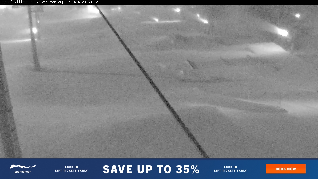 Perisher Village Eight snow cam captured at 3 August 2026 at 11:53 pm AEST