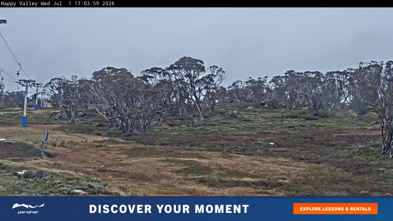 Perisher Happy Valley snow cam captured at 1 July 2026 at 5:05 pm AEST