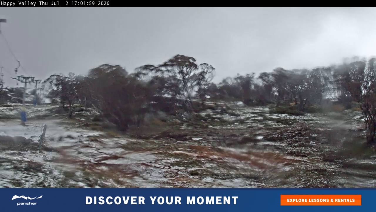 Perisher Happy Valley snow cam captured at 2 July 2026 at 5:06 pm AEST