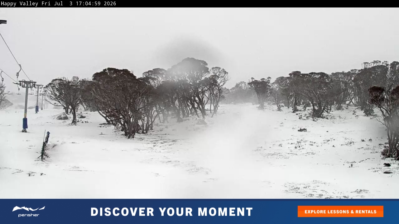 Perisher Happy Valley snow cam captured at 3 July 2026 at 5:07 pm AEST