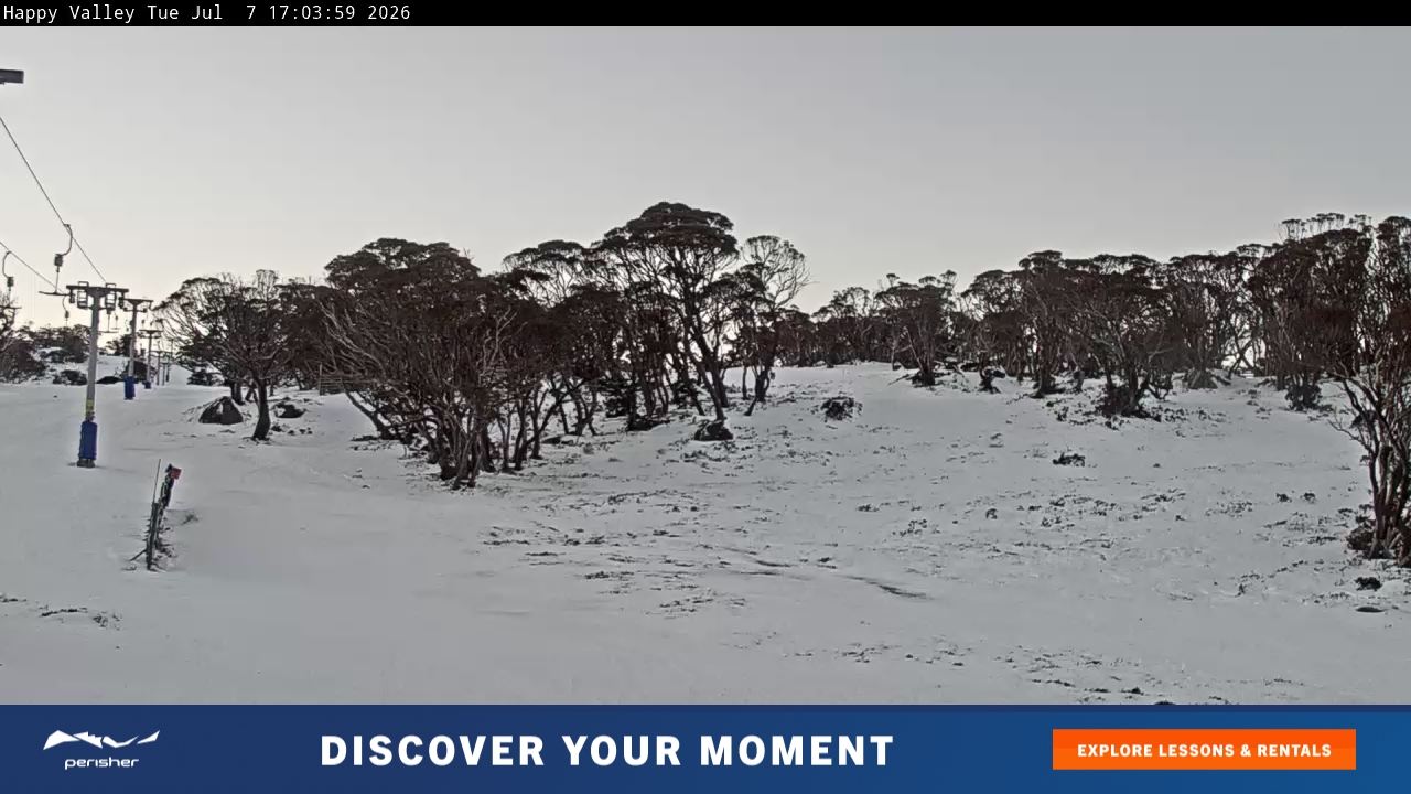 Perisher Happy Valley snow cam captured at 7 July 2026 at 5:10 pm AEST