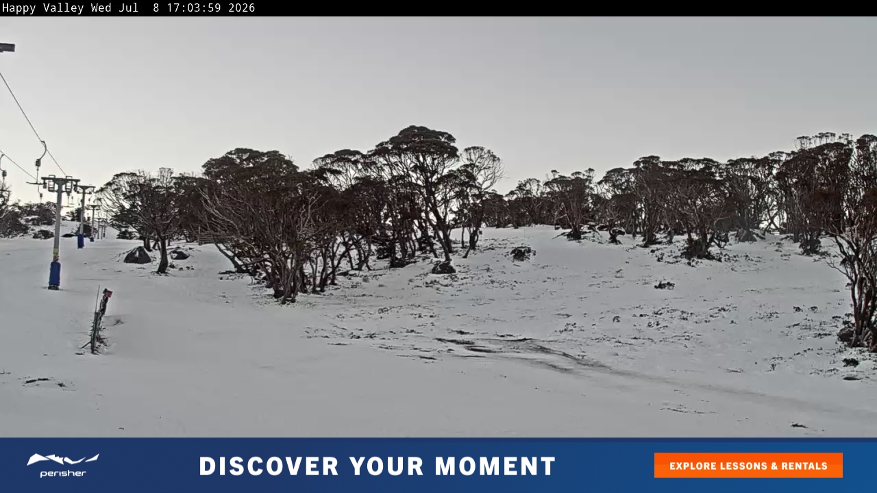 Perisher Happy Valley snow cam captured at 8 July 2026 at 5:11 pm AEST