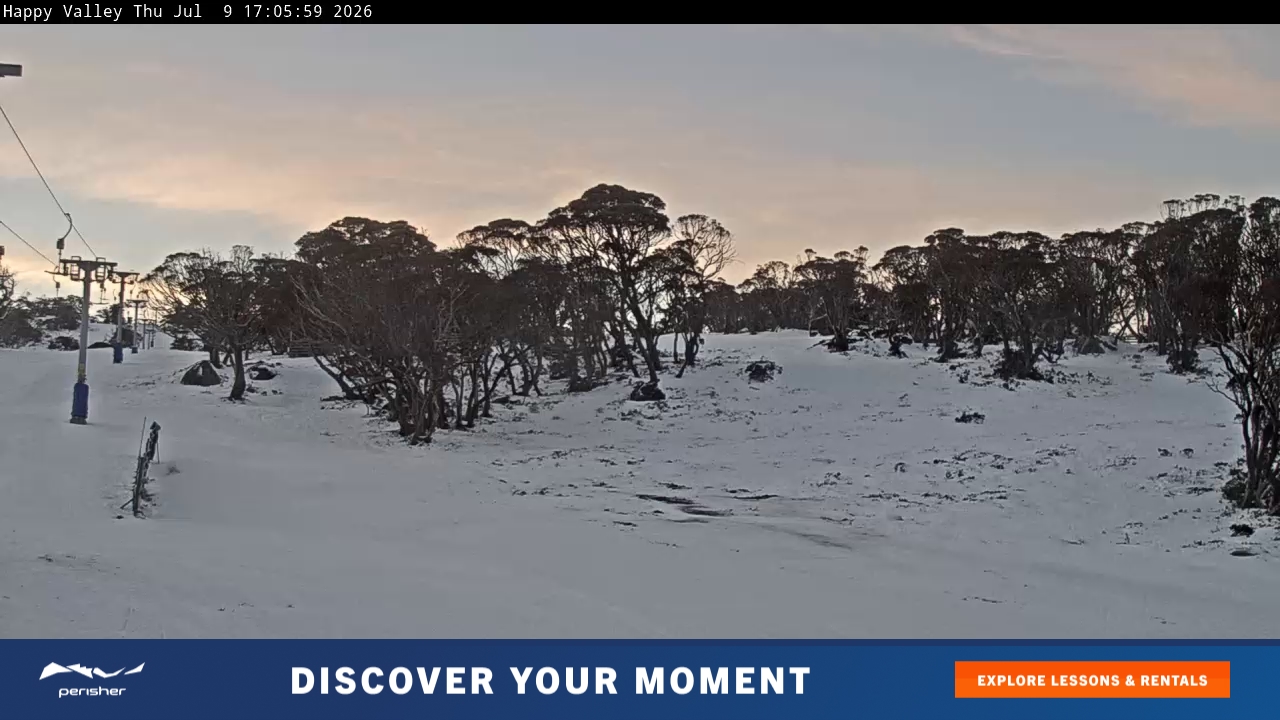 Perisher Happy Valley snow cam captured at 9 July 2026 at 5:12 pm AEST