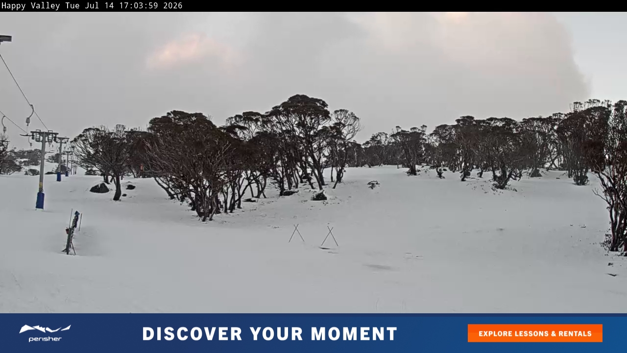 Perisher Happy Valley snow cam captured at 14 July 2026 at 5:06 pm AEST