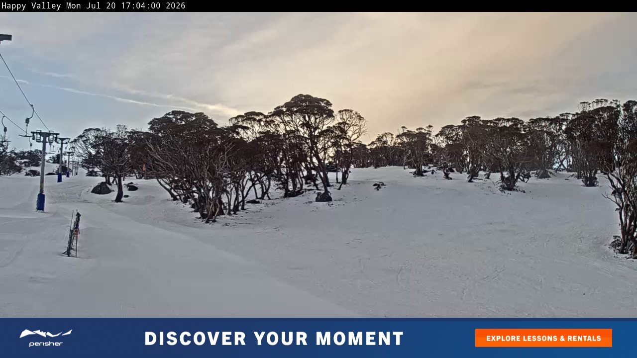 Perisher Happy Valley snow cam captured at 20 July 2026 at 5:12 pm AEST
