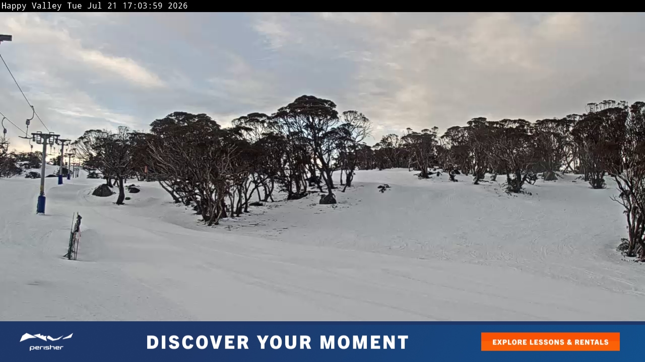 Perisher Happy Valley snow cam captured at 21 July 2026 at 5:05 pm AEST