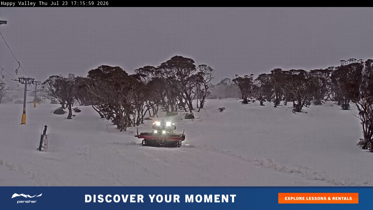 Perisher Happy Valley snow cam captured at 23 July 2026 at 5:18 pm AEST