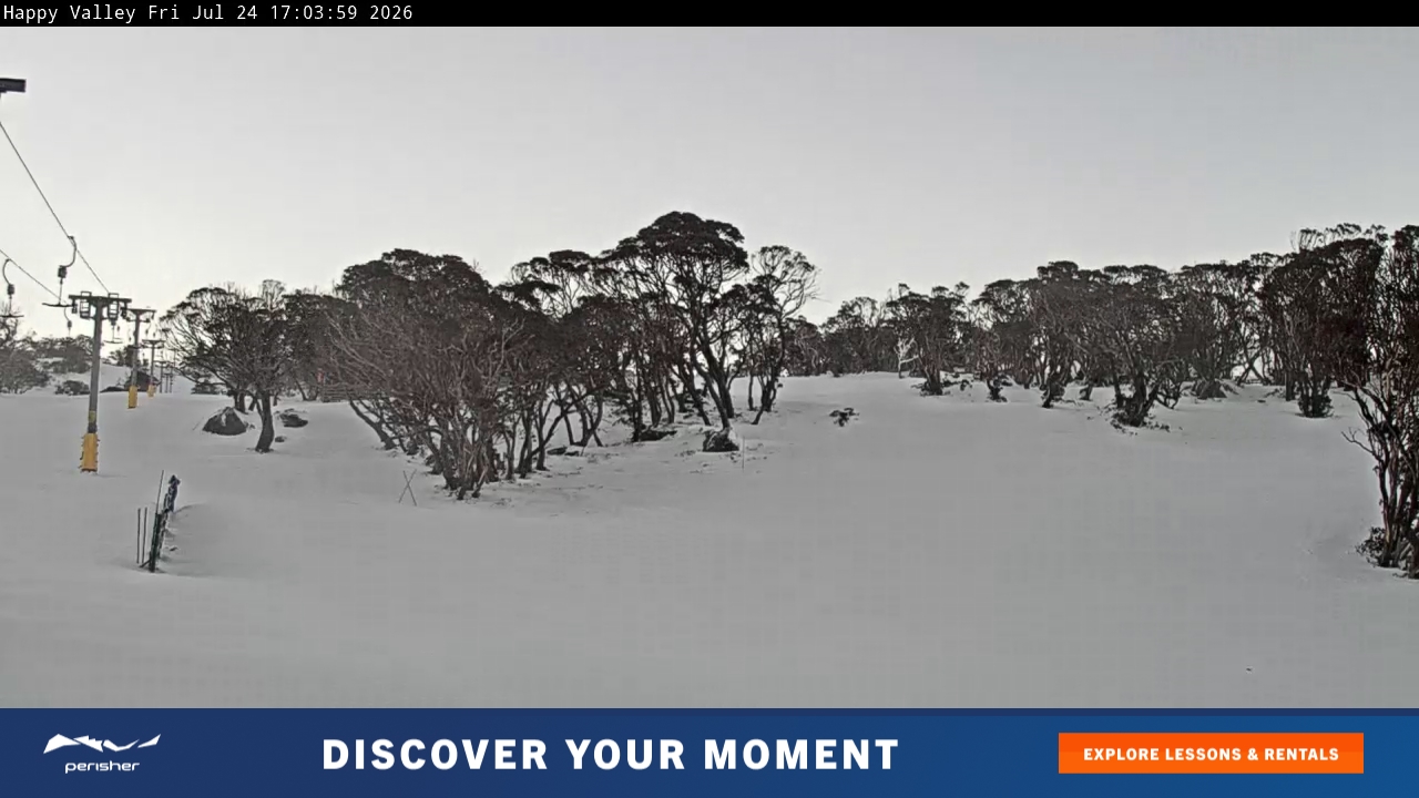 Perisher Happy Valley snow cam captured at 24 July 2026 at 5:08 pm AEST