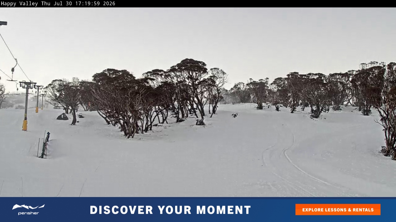 Perisher Happy Valley snow cam captured at 30 July 2026 at 5:27 pm AEST