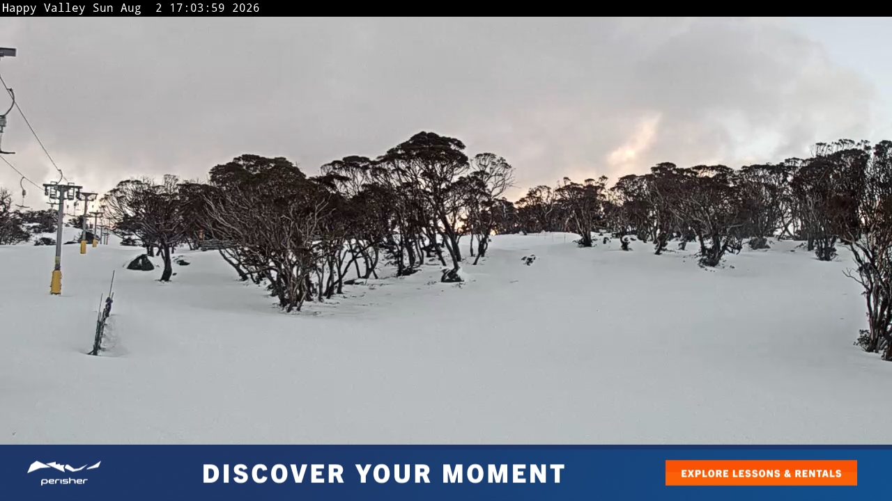 Perisher Happy Valley snow cam captured at 2 August 2026 at 5:08 pm AEST