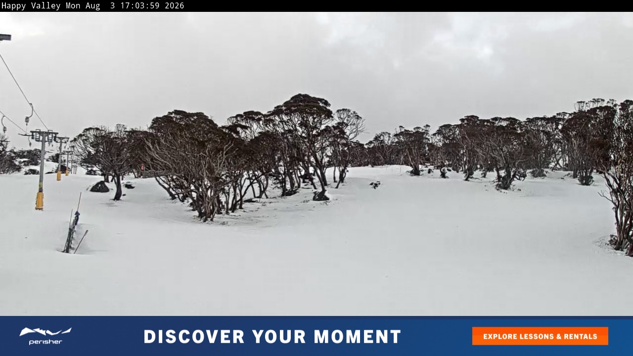 Perisher Happy Valley snow cam captured at 3 August 2026 at 5:07 pm AEST