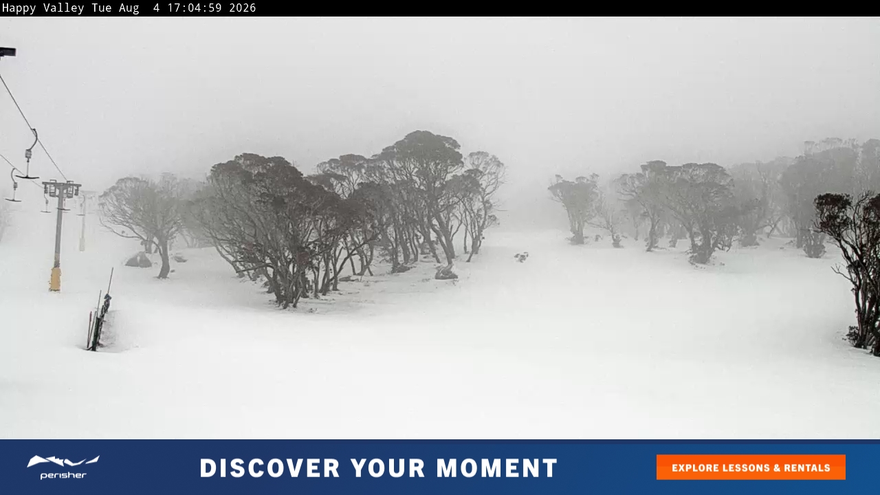 Perisher Happy Valley snow cam captured at 4 August 2026 at 5:07 pm AEST