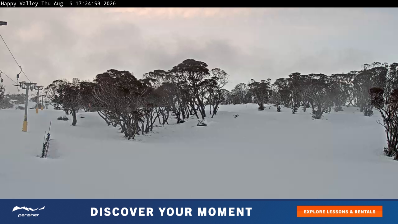 Perisher Happy Valley snow cam captured at 6 August 2026 at 5:32 pm AEST