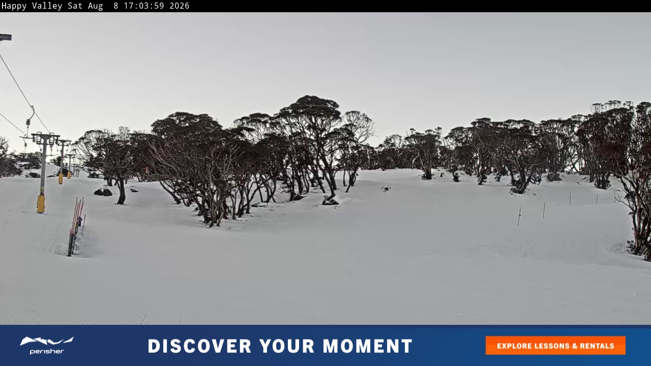 Perisher Happy Valley snow cam captured at 8 August 2026 at 5:12 pm AEST
