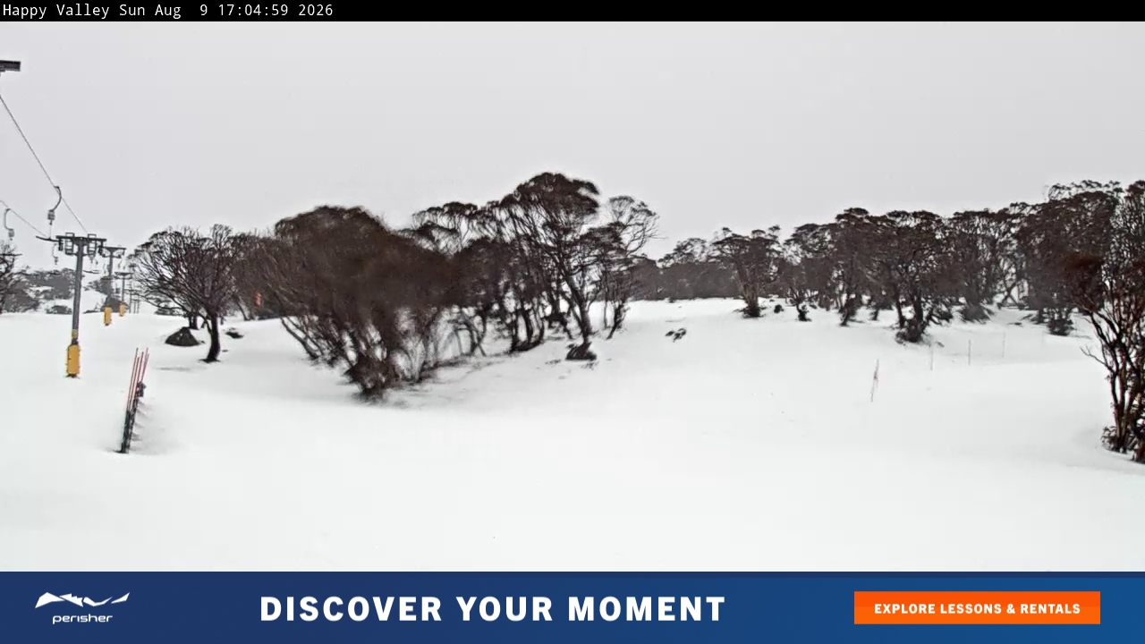 Perisher Happy Valley snow cam captured at 9 August 2026 at 5:13 pm AEST