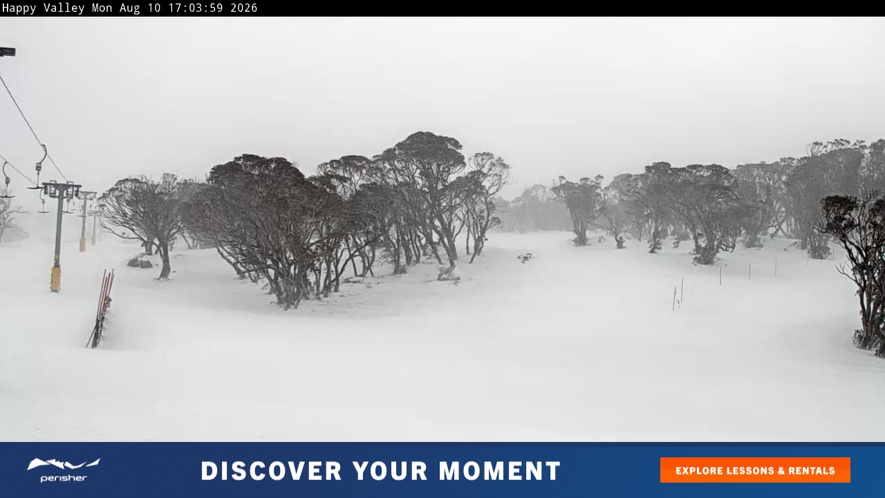 Perisher Happy Valley snow cam captured at 10 August 2026 at 5:12 pm AEST