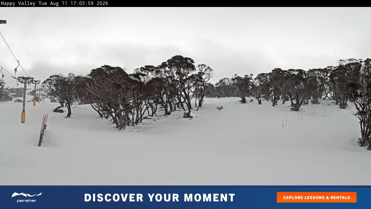 Perisher Happy Valley snow cam captured at 11 August 2026 at 5:13 pm AEST