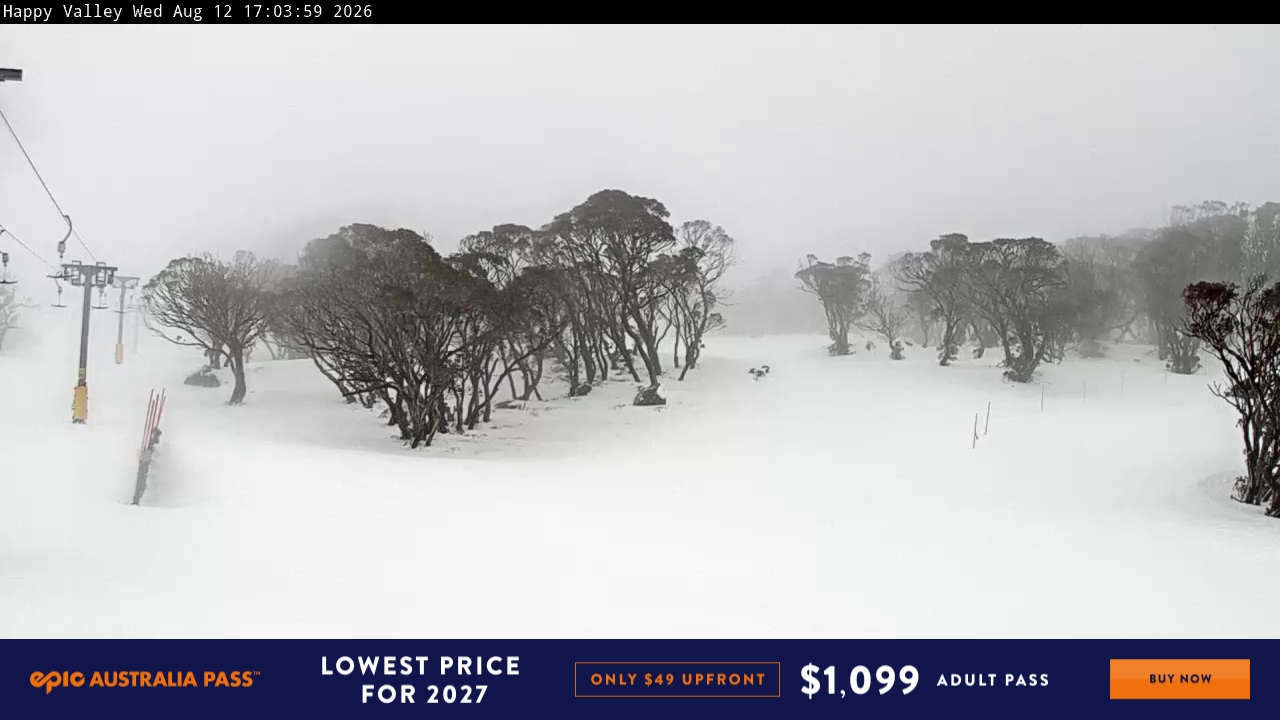Perisher Happy Valley snow cam captured at 12 August 2026 at 5:06 pm AEST