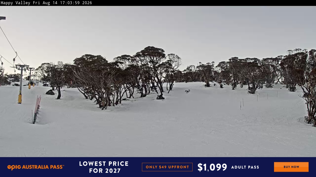 Perisher Happy Valley snow cam captured at 14 August 2026 at 5:08 pm AEST