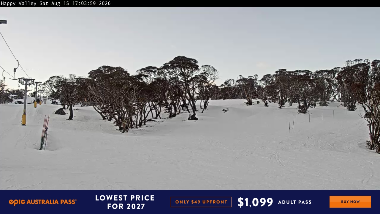 Perisher Happy Valley snow cam captured at 15 August 2026 at 5:09 pm AEST