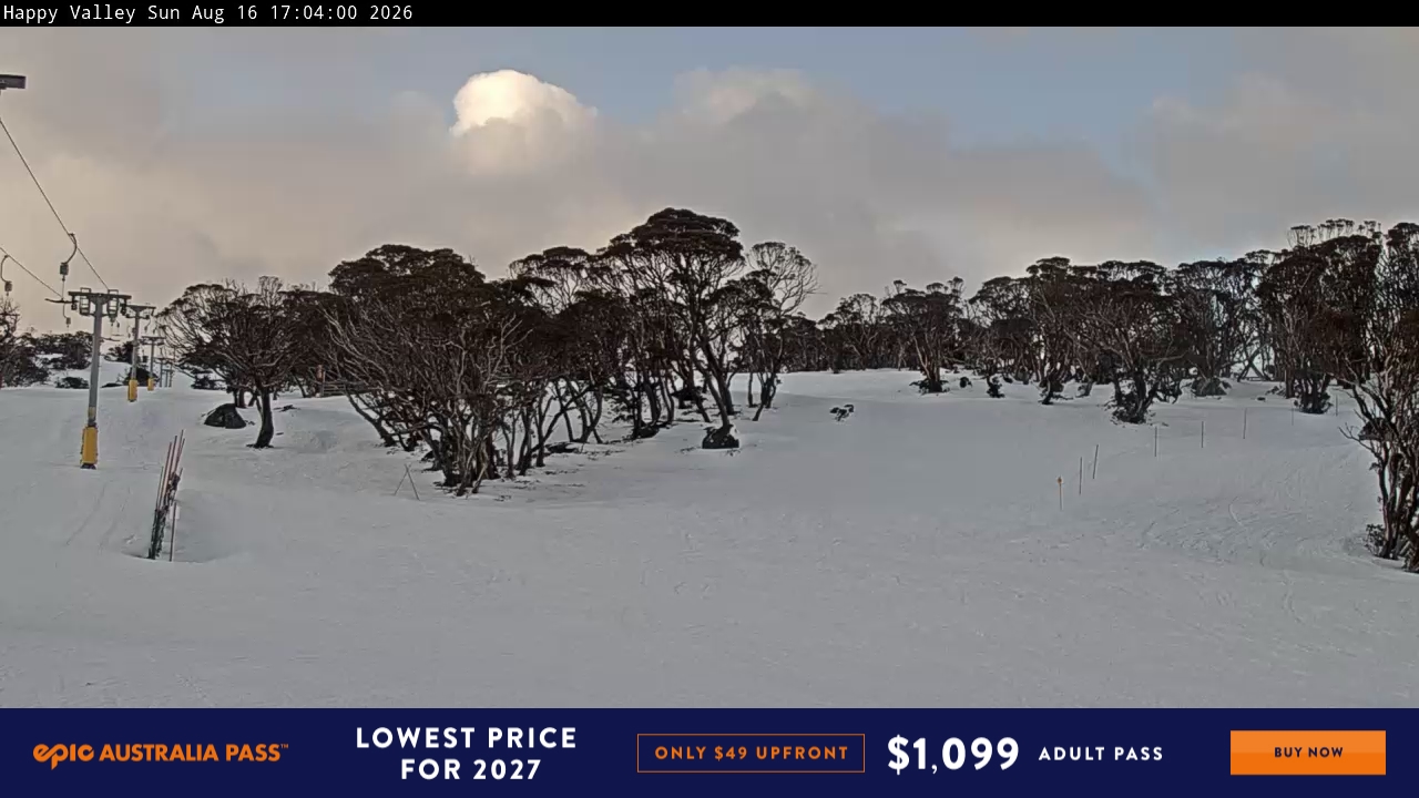 Perisher Happy Valley snow cam captured at 16 August 2026 at 5:10 pm AEST