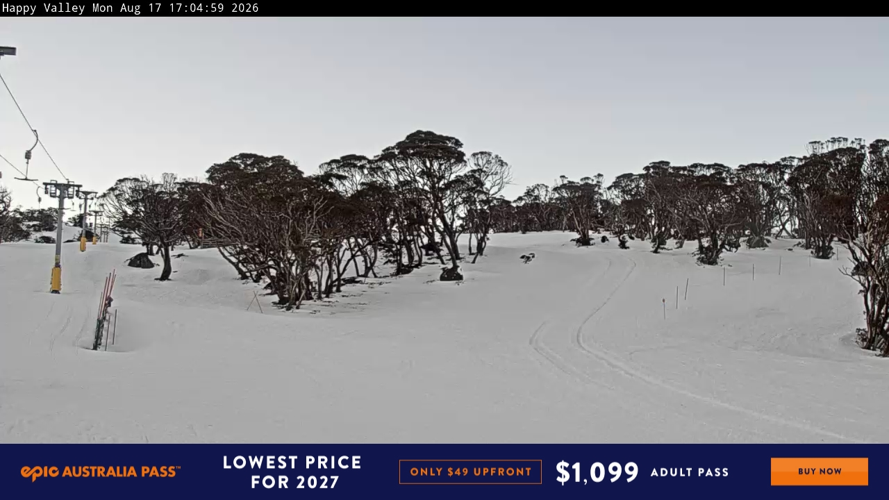 Perisher Happy Valley snow cam captured at 17 August 2026 at 5:11 pm AEST