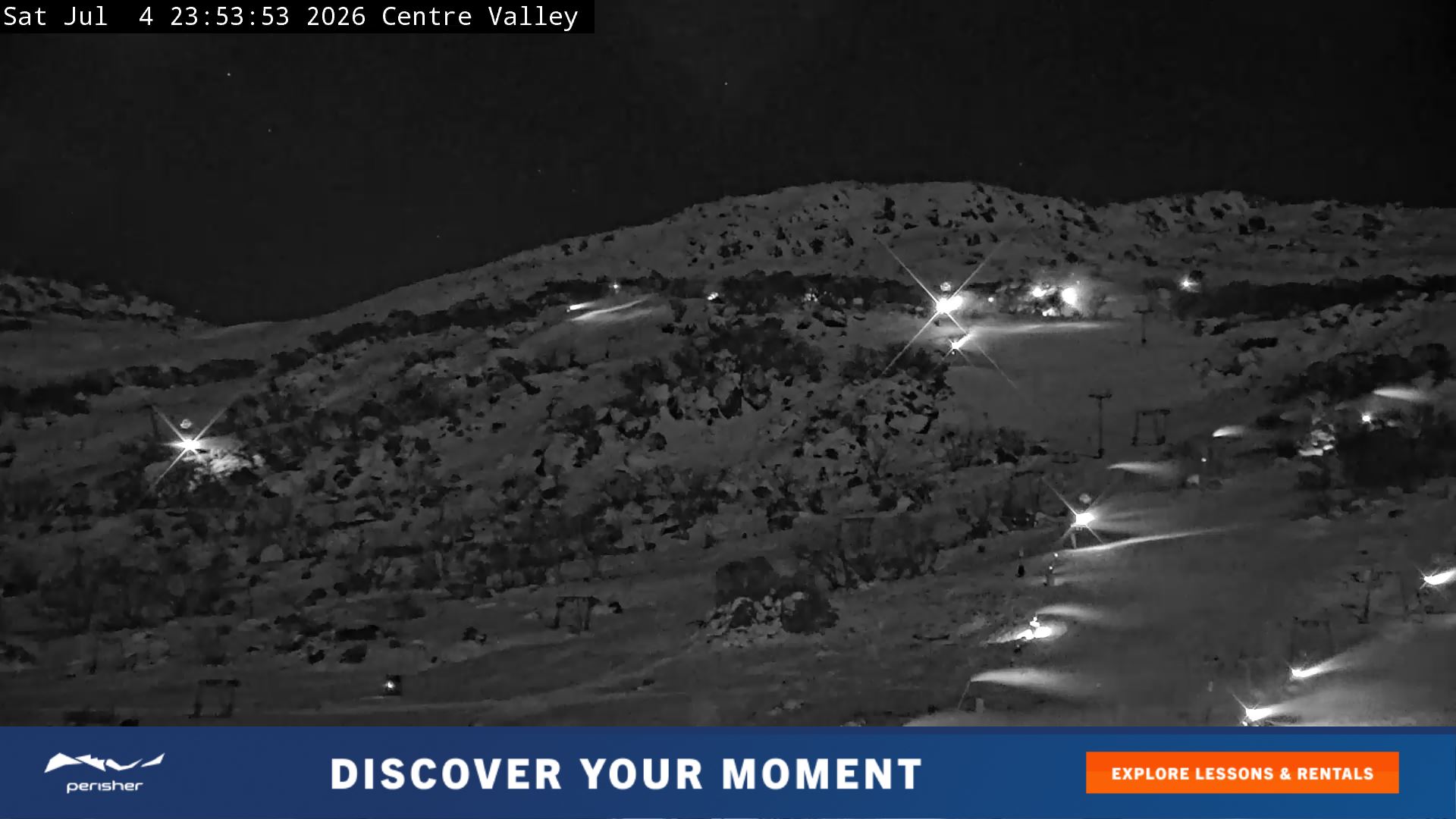 Perisher Centre Valley and Mt Perisher snow cam captured at 4 July 2026 at 11:54 pm AEST