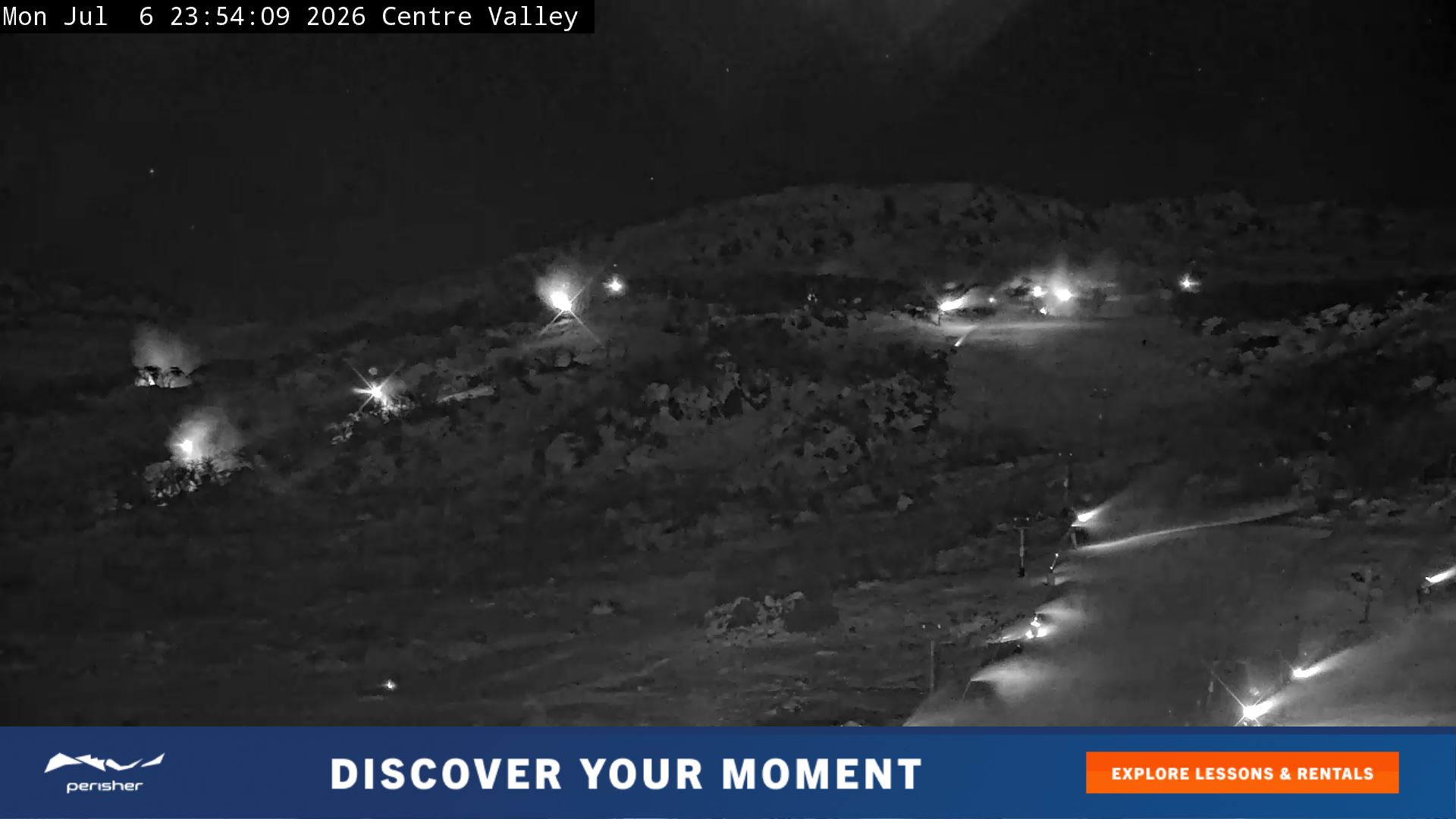 Perisher Centre Valley and Mt Perisher snow cam captured at 6 July 2026 at 11:56 pm AEST