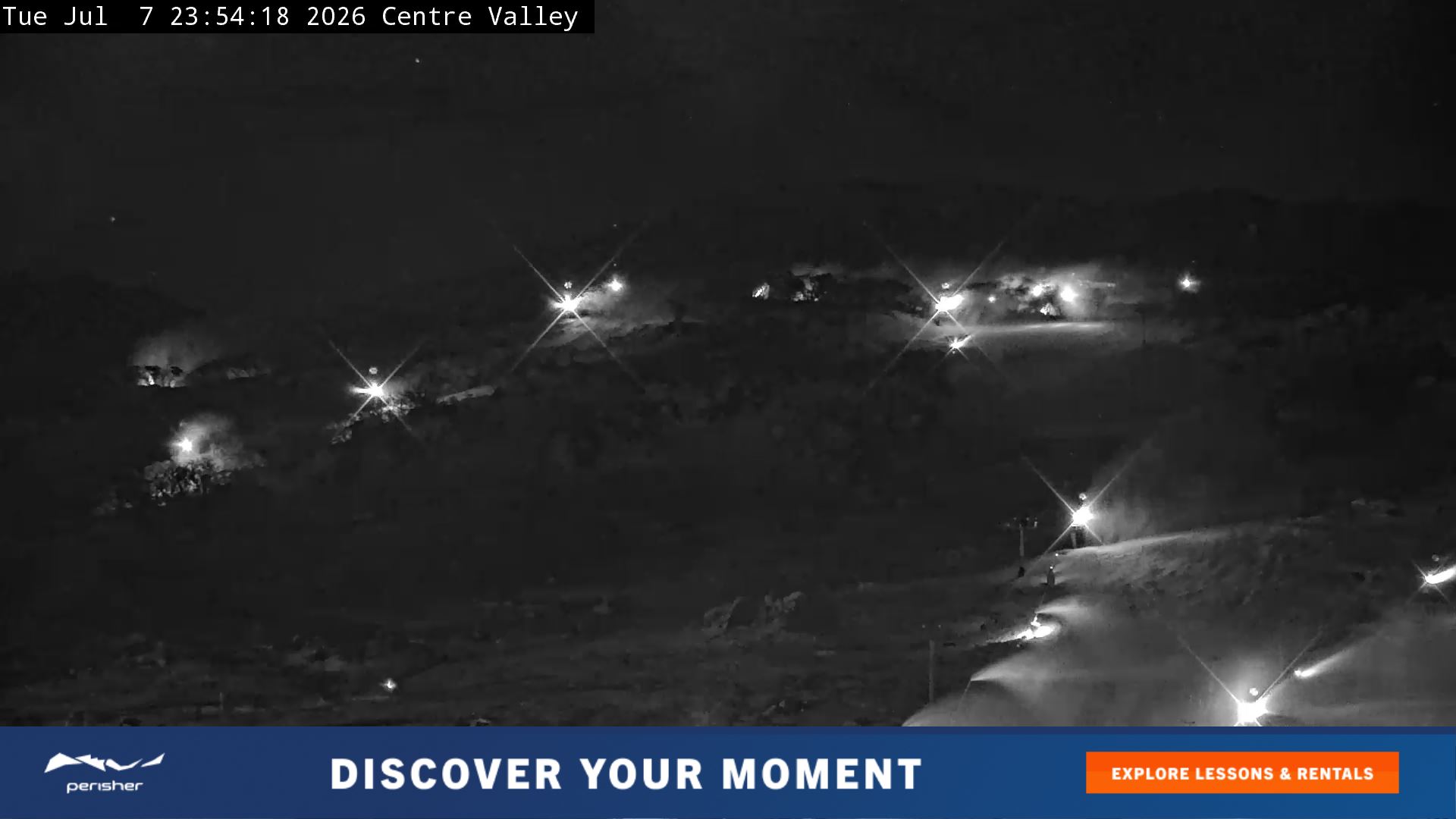 Perisher Centre Valley and Mt Perisher snow cam captured at 7 July 2026 at 11:57 pm AEST