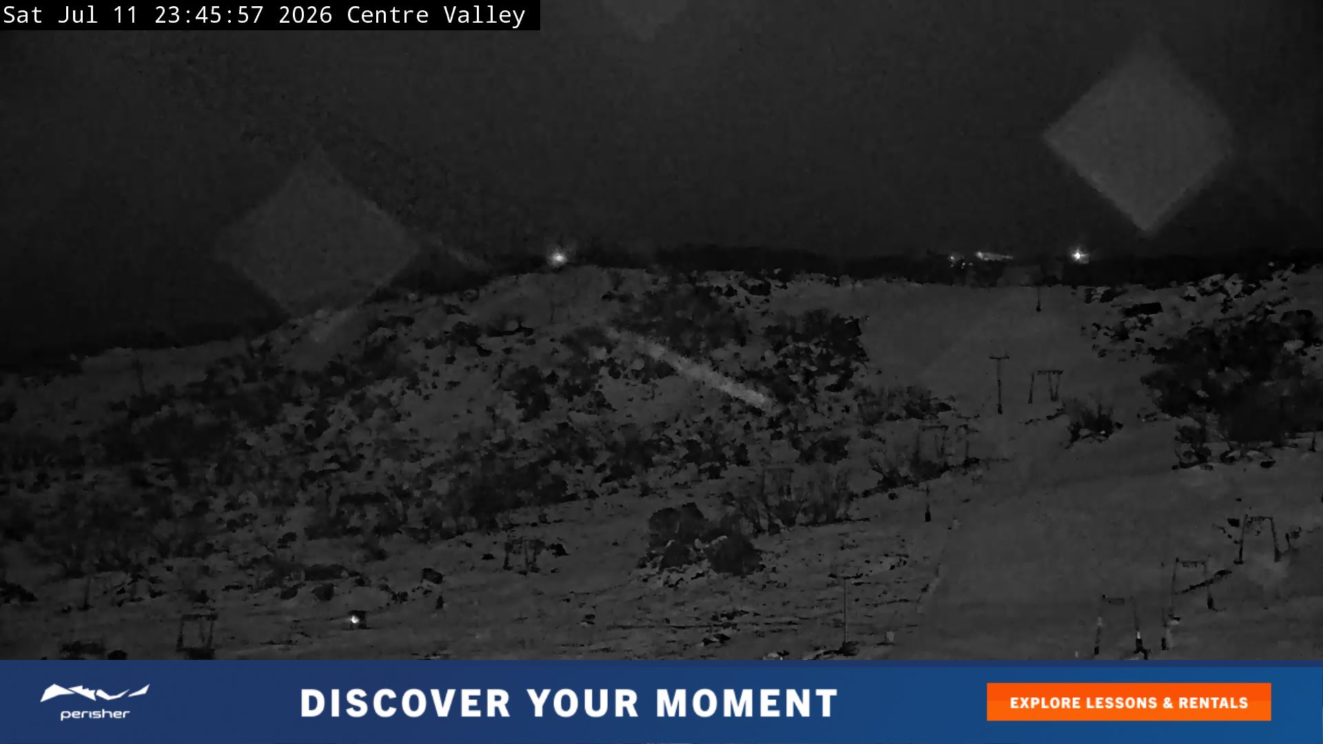 Perisher Centre Valley and Mt Perisher snow cam captured at 11 July 2026 at 11:50 pm AEST