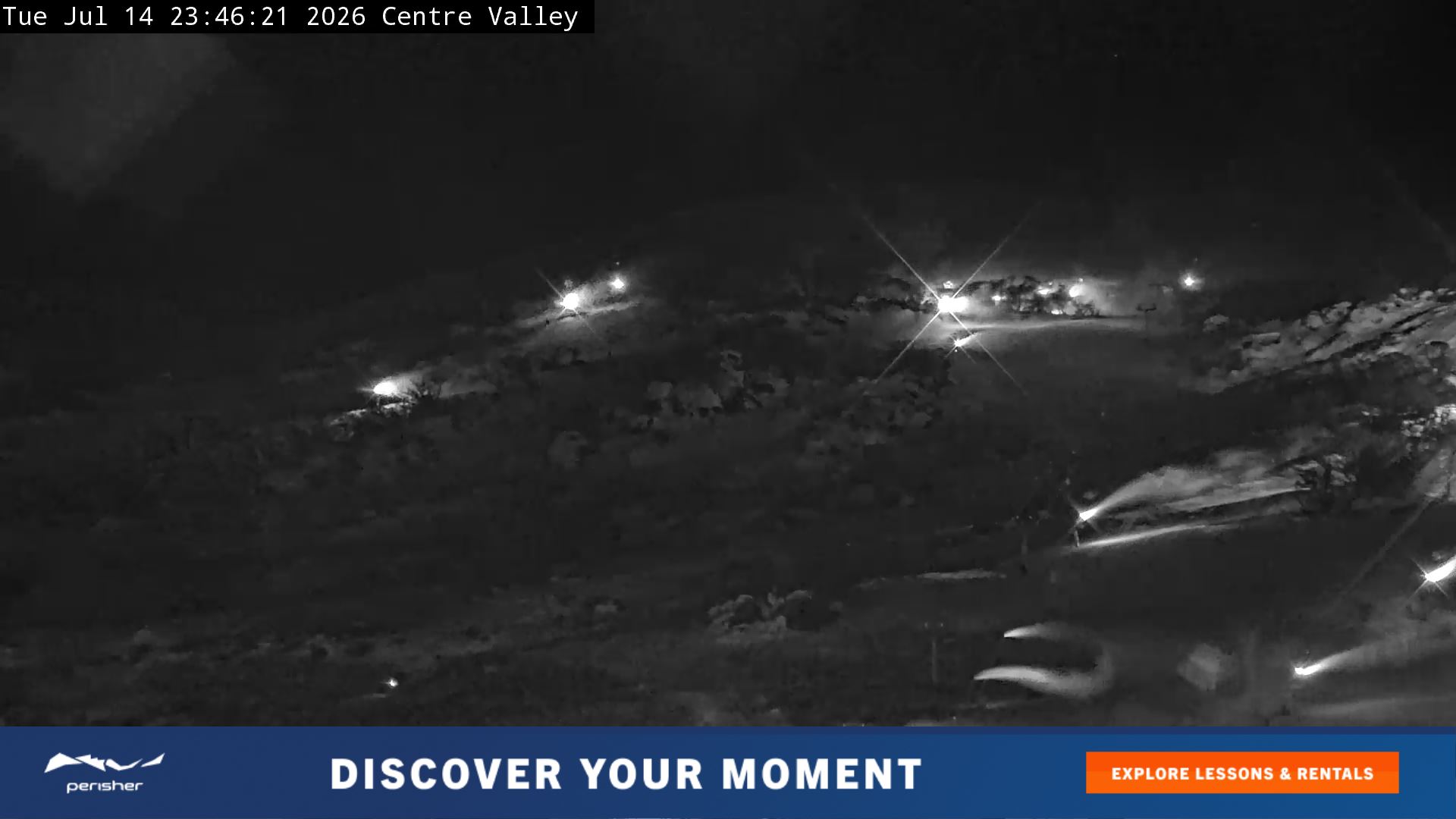 Perisher Centre Valley and Mt Perisher snow cam captured at 14 July 2026 at 11:53 pm AEST
