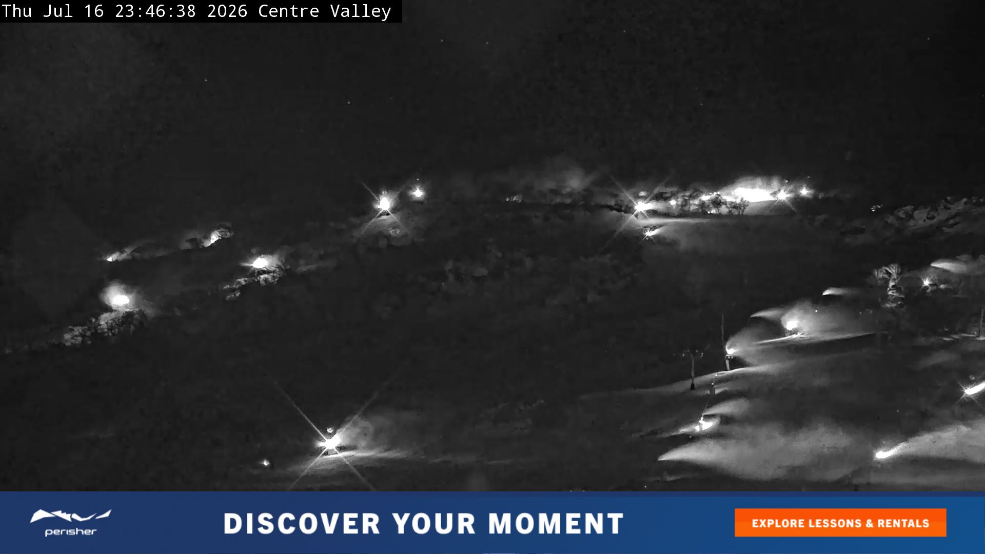 Perisher Centre Valley and Mt Perisher snow cam captured at 16 July 2026 at 11:55 pm AEST