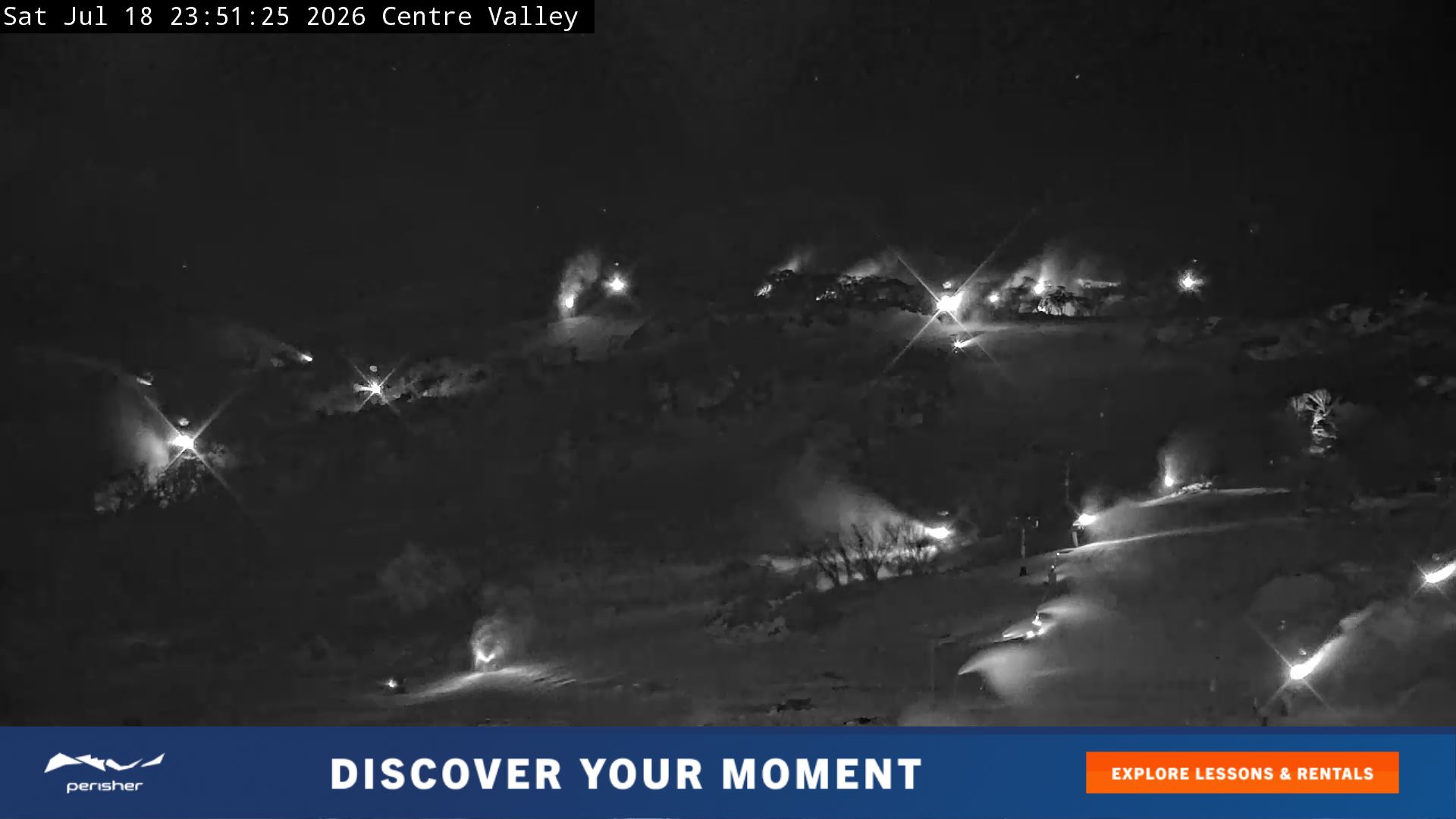 Perisher Centre Valley and Mt Perisher snow cam captured at 18 July 2026 at 11:57 pm AEST