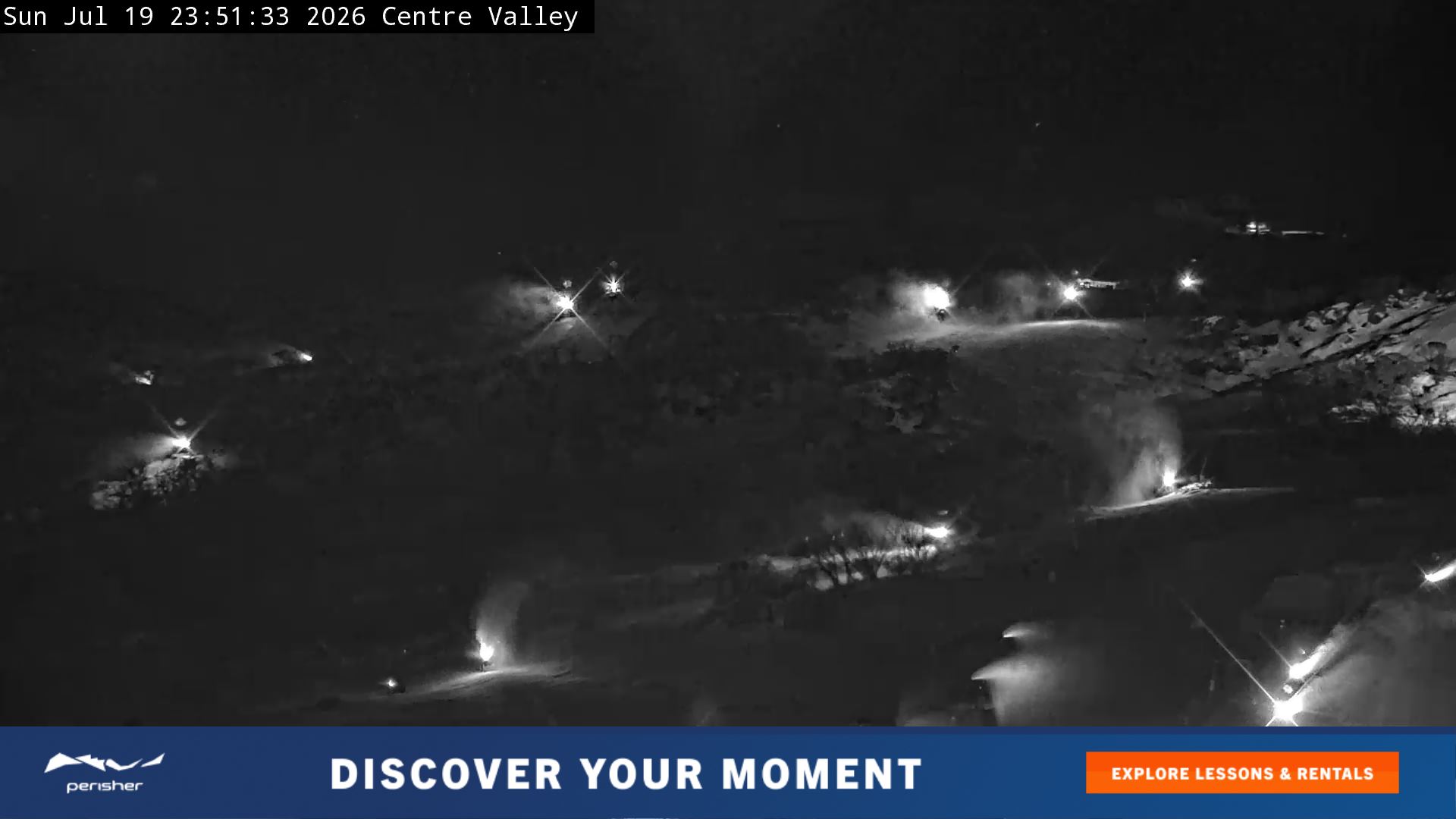Perisher Centre Valley and Mt Perisher snow cam captured at 19 July 2026 at 11:58 pm AEST