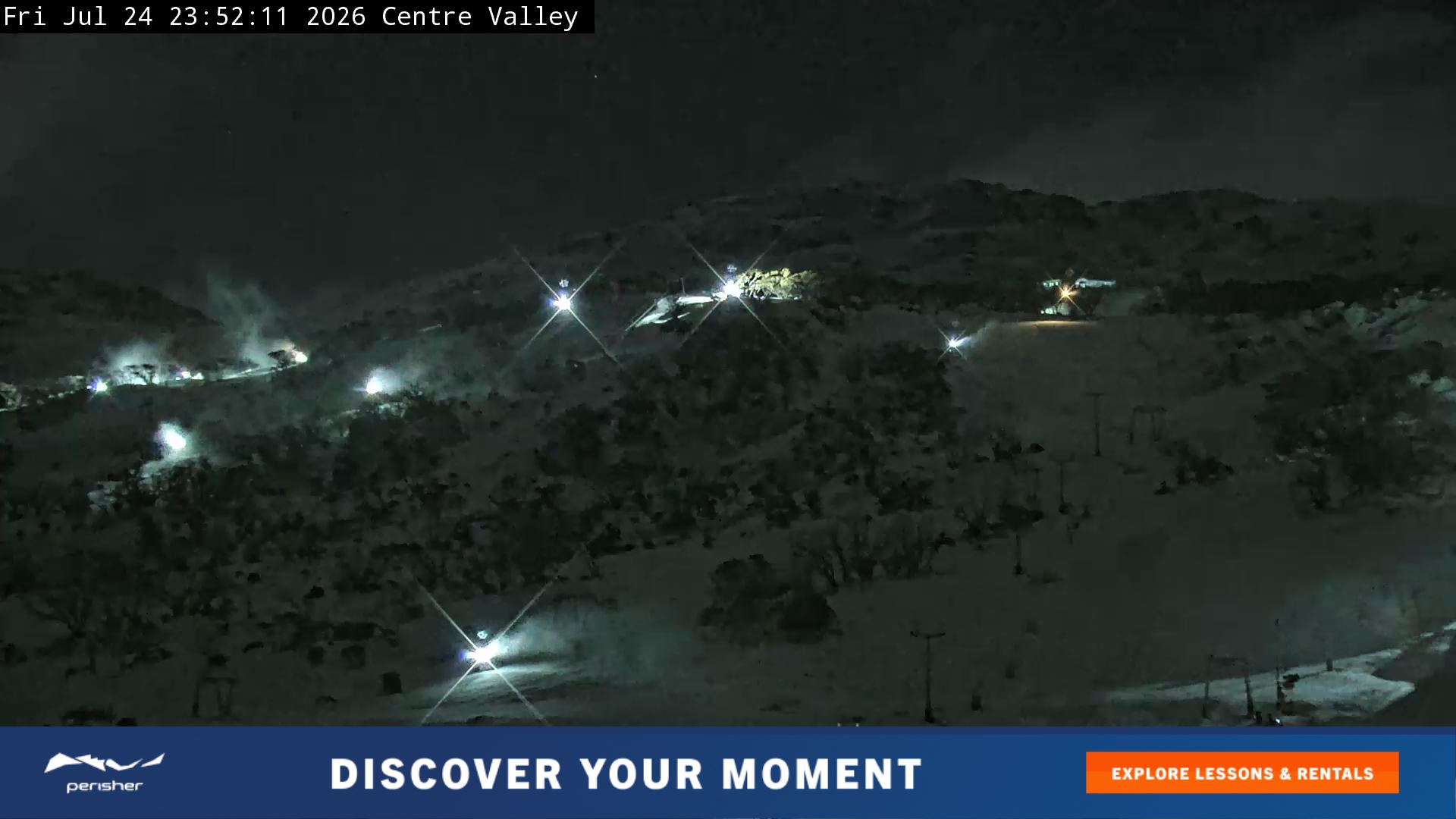 Perisher Centre Valley and Mt Perisher snow cam captured at 24 July 2026 at 11:55 pm AEST