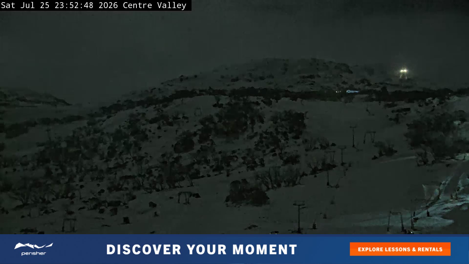 Perisher Centre Valley and Mt Perisher snow cam captured at 25 July 2026 at 11:57 pm AEST