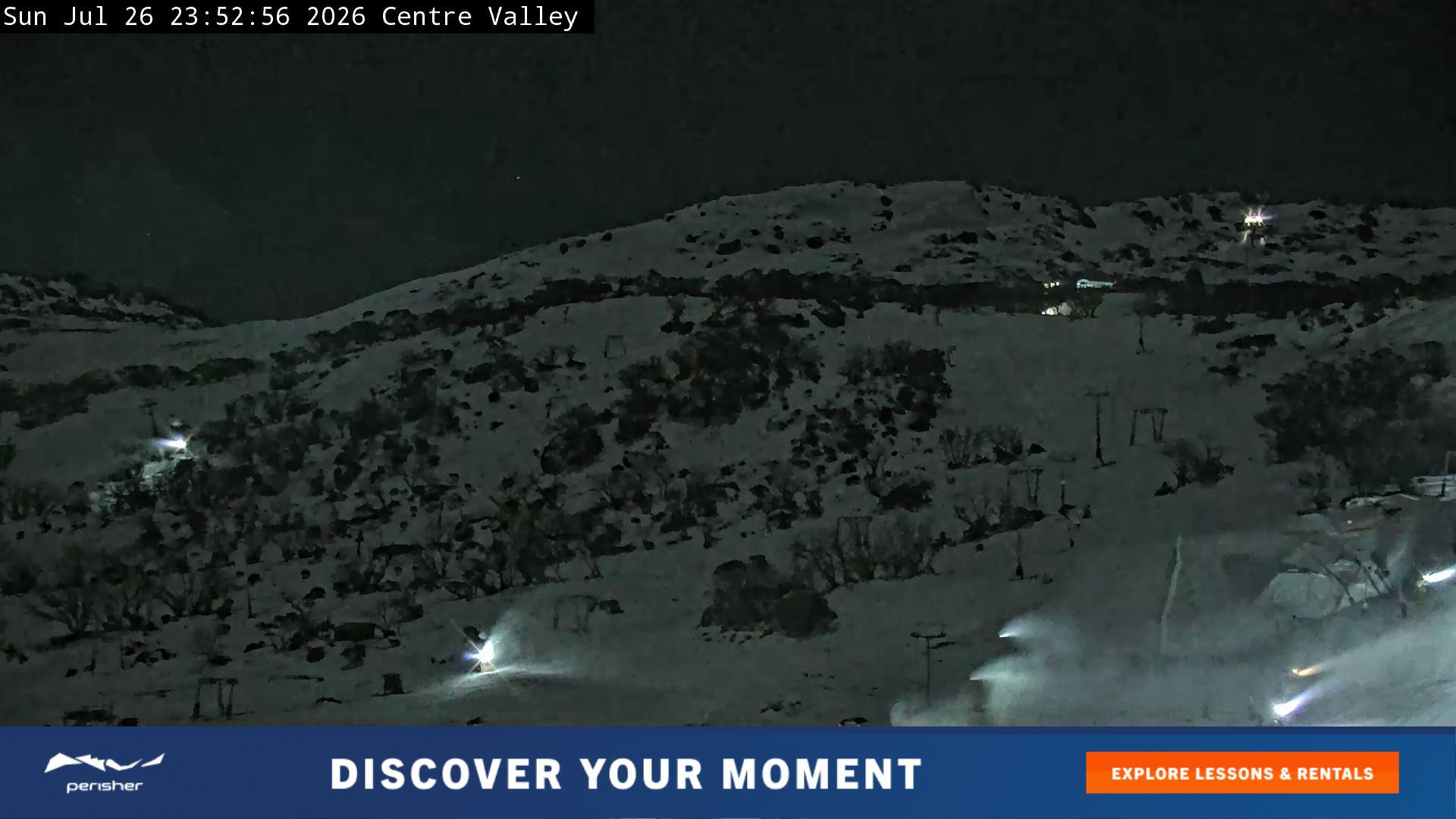 Perisher Centre Valley and Mt Perisher snow cam captured at 26 July 2026 at 11:58 pm AEST