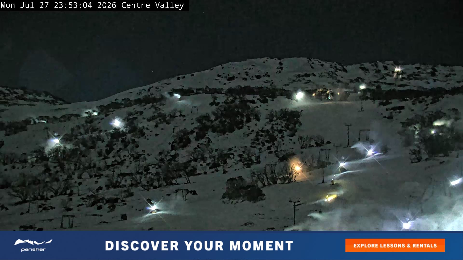 Perisher Centre Valley and Mt Perisher snow cam captured at 27 July 2026 at 11:59 pm AEST