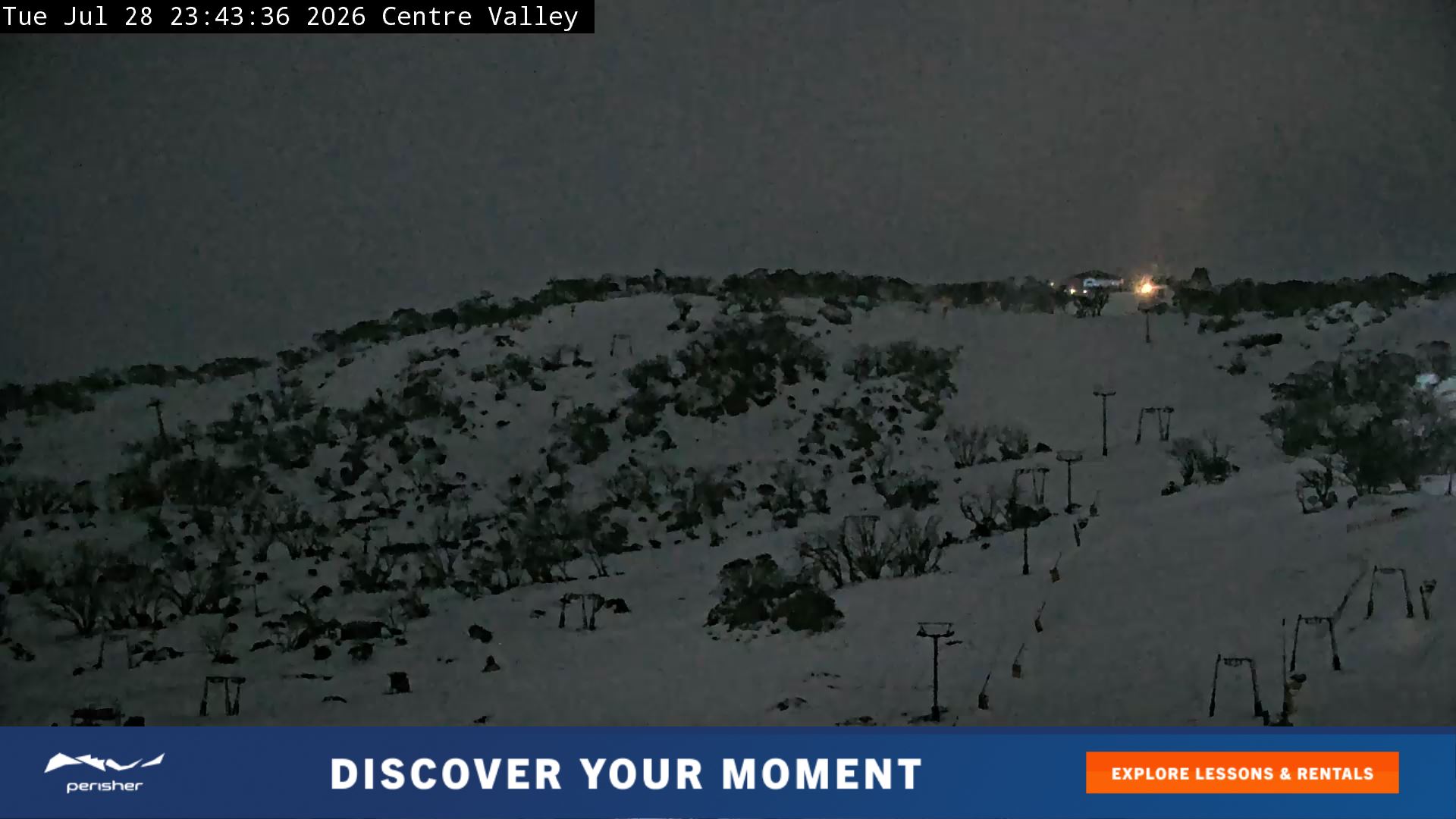Perisher Centre Valley and Mt Perisher snow cam captured at 28 July 2026 at 11:49 pm AEST