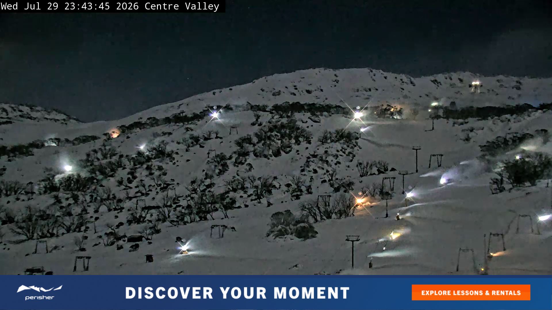 Perisher Centre Valley and Mt Perisher snow cam captured at 29 July 2026 at 11:49 pm AEST