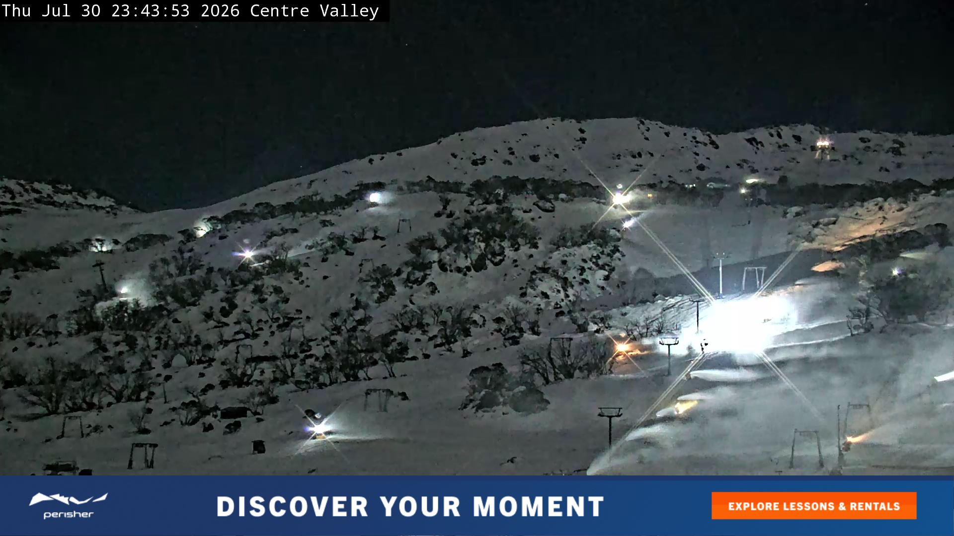 Perisher Centre Valley and Mt Perisher snow cam captured at 30 July 2026 at 11:50 pm AEST